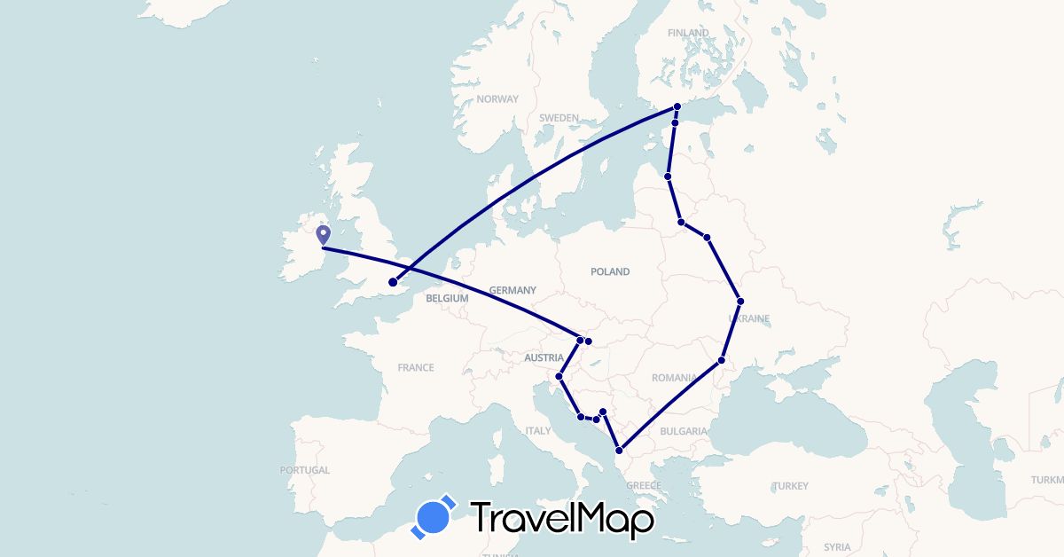 TravelMap itinerary: driving in Albania, Austria, Bosnia and Herzegovina, Belarus, Estonia, Finland, United Kingdom, Croatia, Ireland, Lithuania, Latvia, Moldova, Slovenia, Slovakia, Ukraine (Europe)